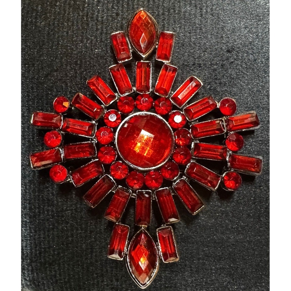 Vintage Red Rhinestone Cross Brooch Large Statement Glass Stones Silver Tone Pin